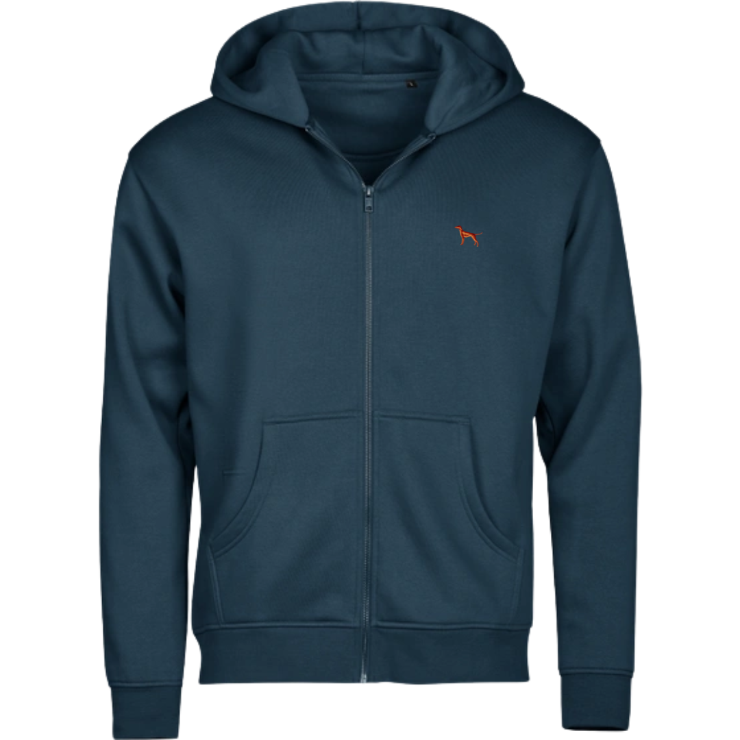 eine blaue Strickjacke mit magyar vizsla stickerei von world of dogs