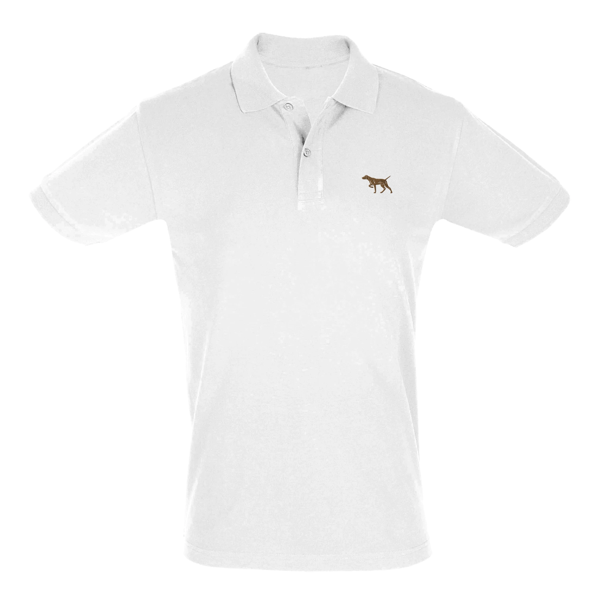Weißes Poloshirt mit Magyar Vizsla-Stickerei auf der Brust – elegantes Hundemotiv für Hundefans