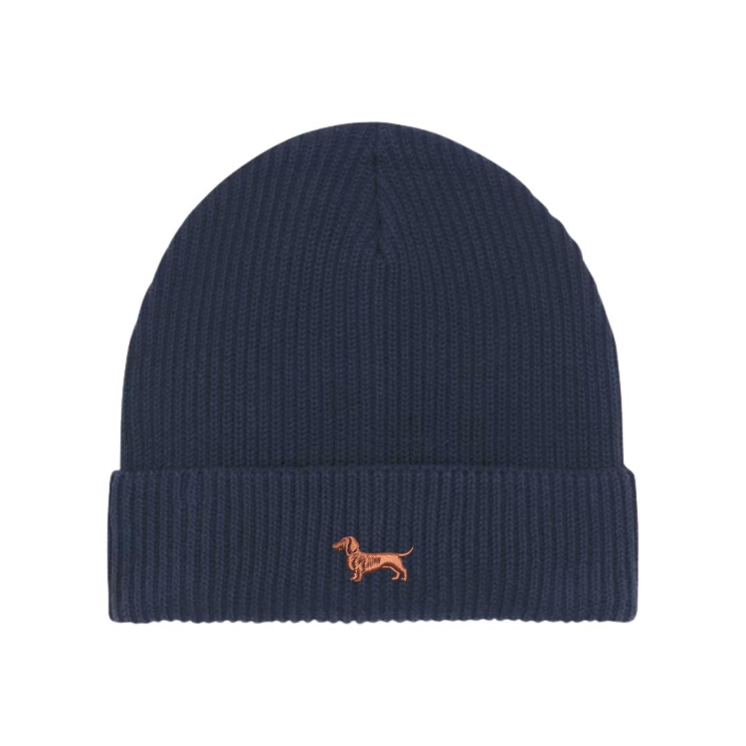 Dackel Strickmütze aus Bio-Baumwolle – mit hochwertiger Stickerei - www.Worldofdogs.store