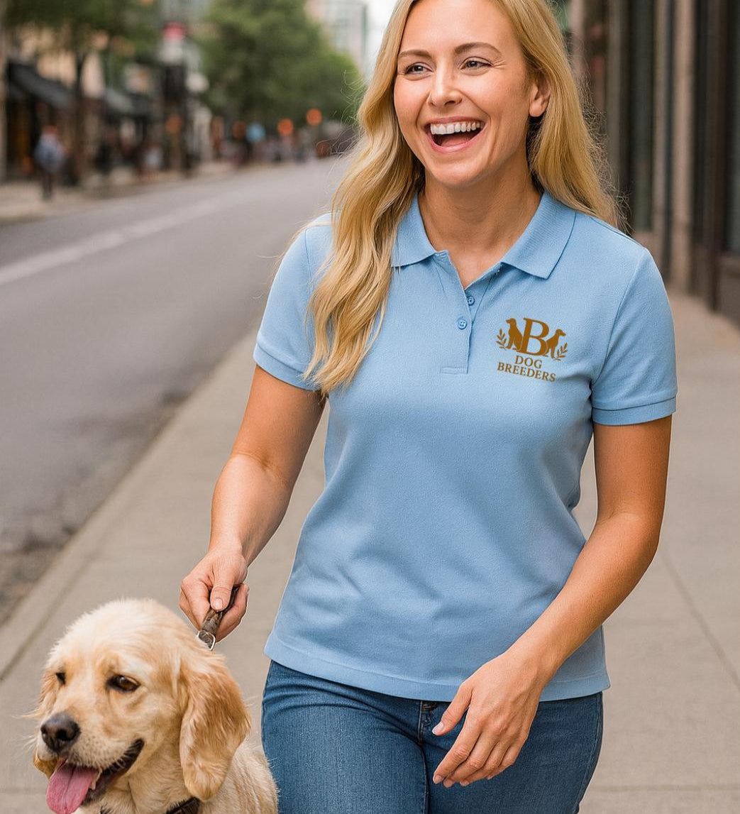 eine frau trägt ein polo shirt mit dog breaders aufdruck