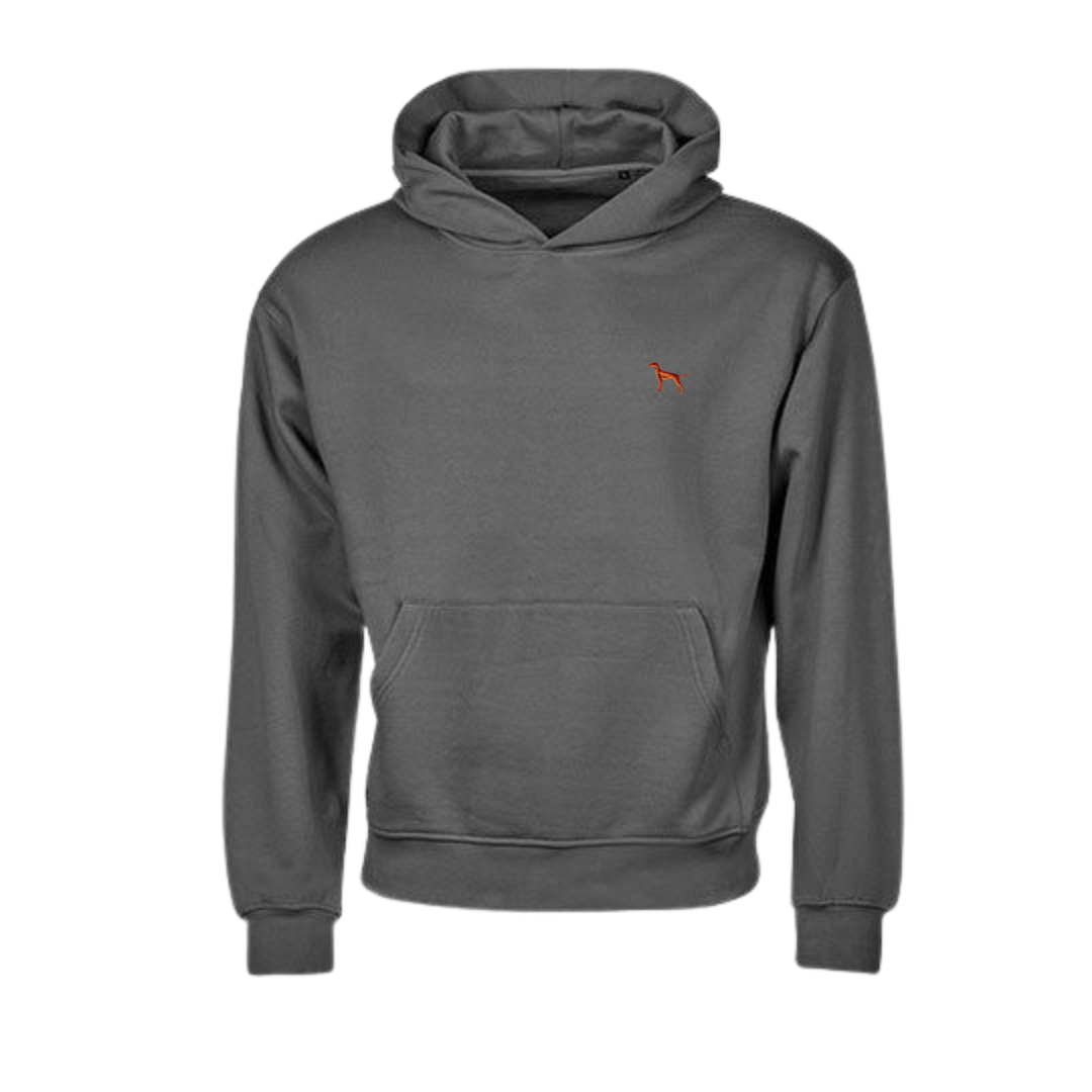 ein grauer hoodie mit hundestickerei auf der brust