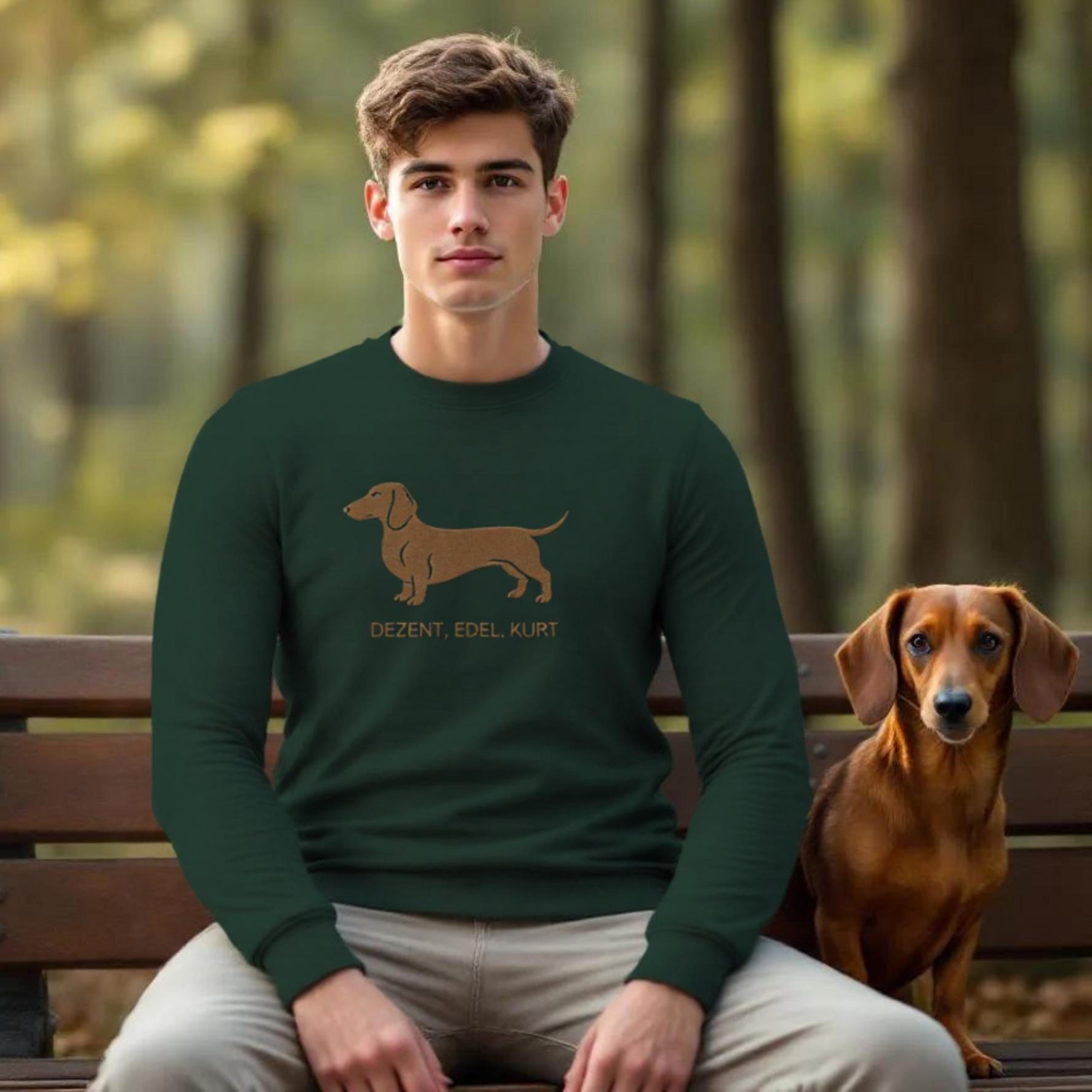 ein junger mann trägt einen hundepullover mit einer dackel stickerei